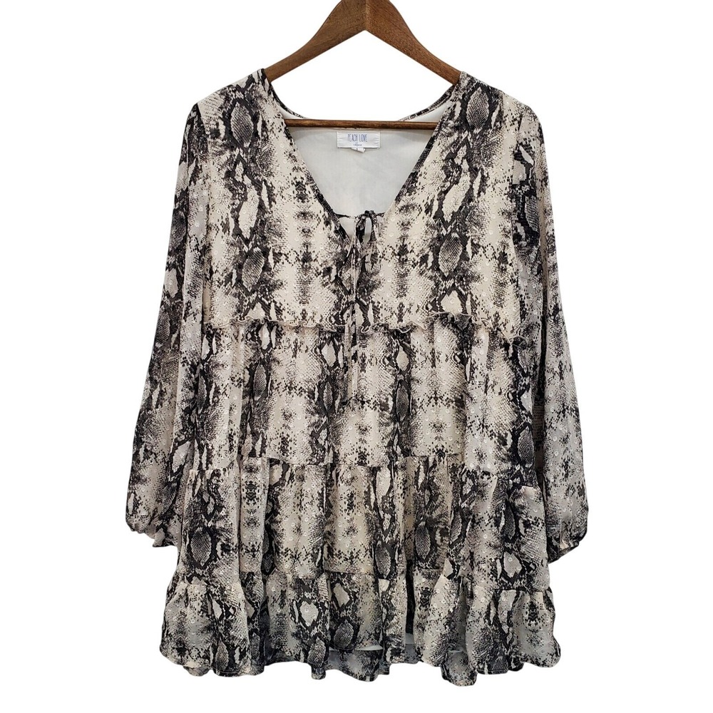 Peach Love Snakeskin Ruffle Mini Dress Boho Grunge Long Sleeve Tiered Womens S